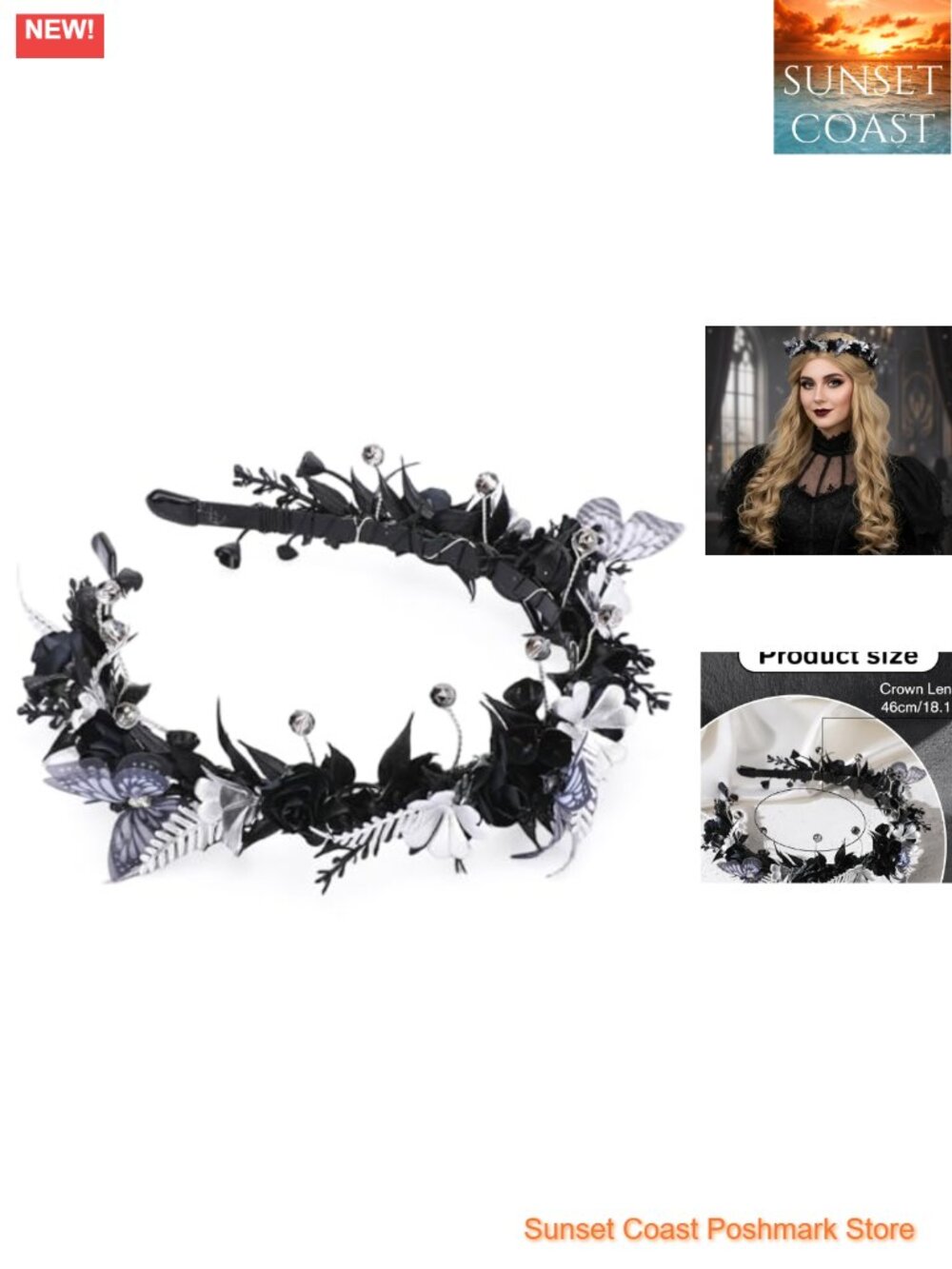 Black Gothic Flower Crown Adjustable Handmade Floral Headpiece
